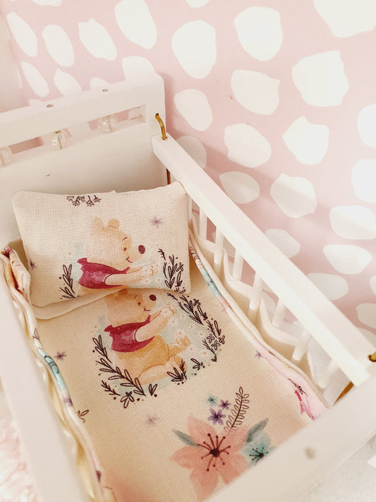 Dolls House Cot Bedding Set – Winnie the Pooh & Piglet Design, Handmade in England, 1:12 Scale