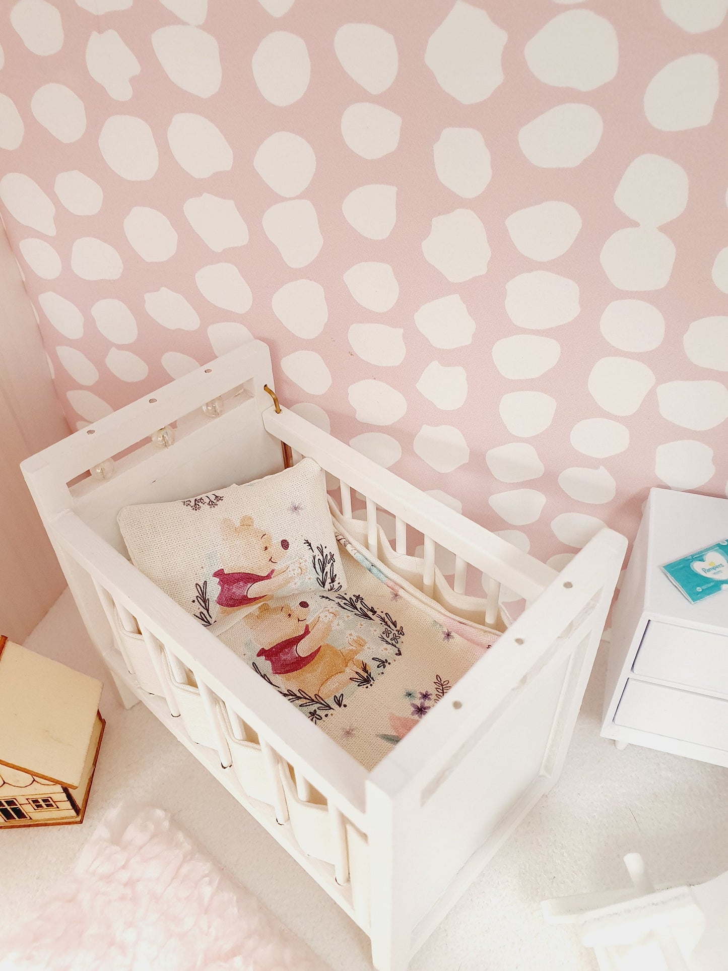 Dolls House Cot Bedding Set – Winnie the Pooh & Piglet Design, Handmade in England, 1:12 Scale
