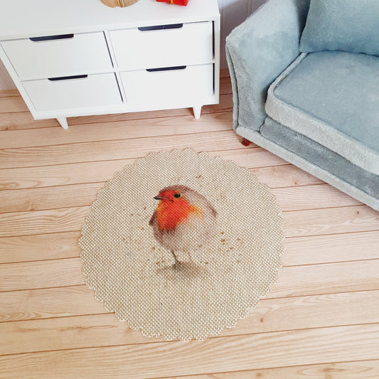 Dolls House Round Robin Linen Look Rug | 1:12th Scale | Beige Miniature Rug