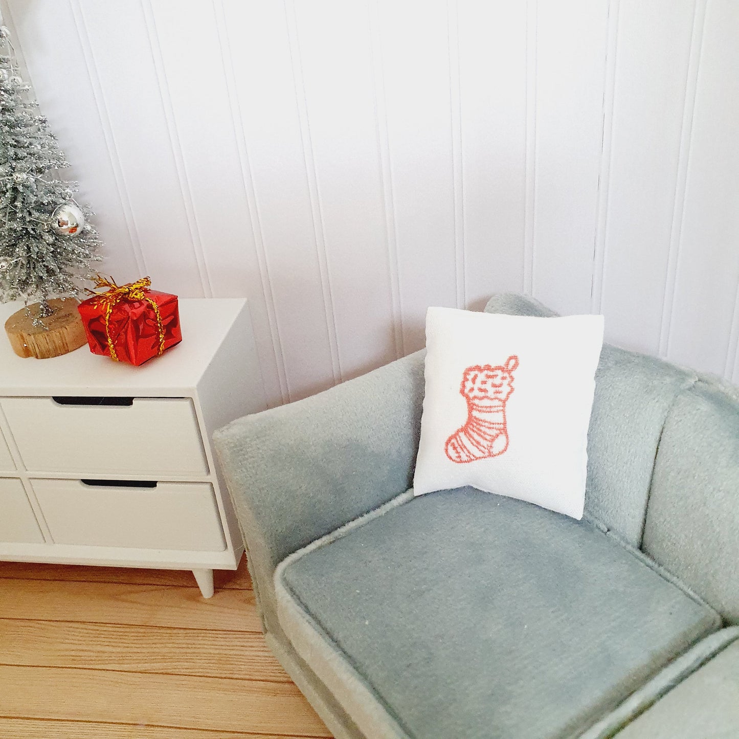 Dolls House Christmas Red Stocking Cushion, 12th scale cushion, miniature cushion
