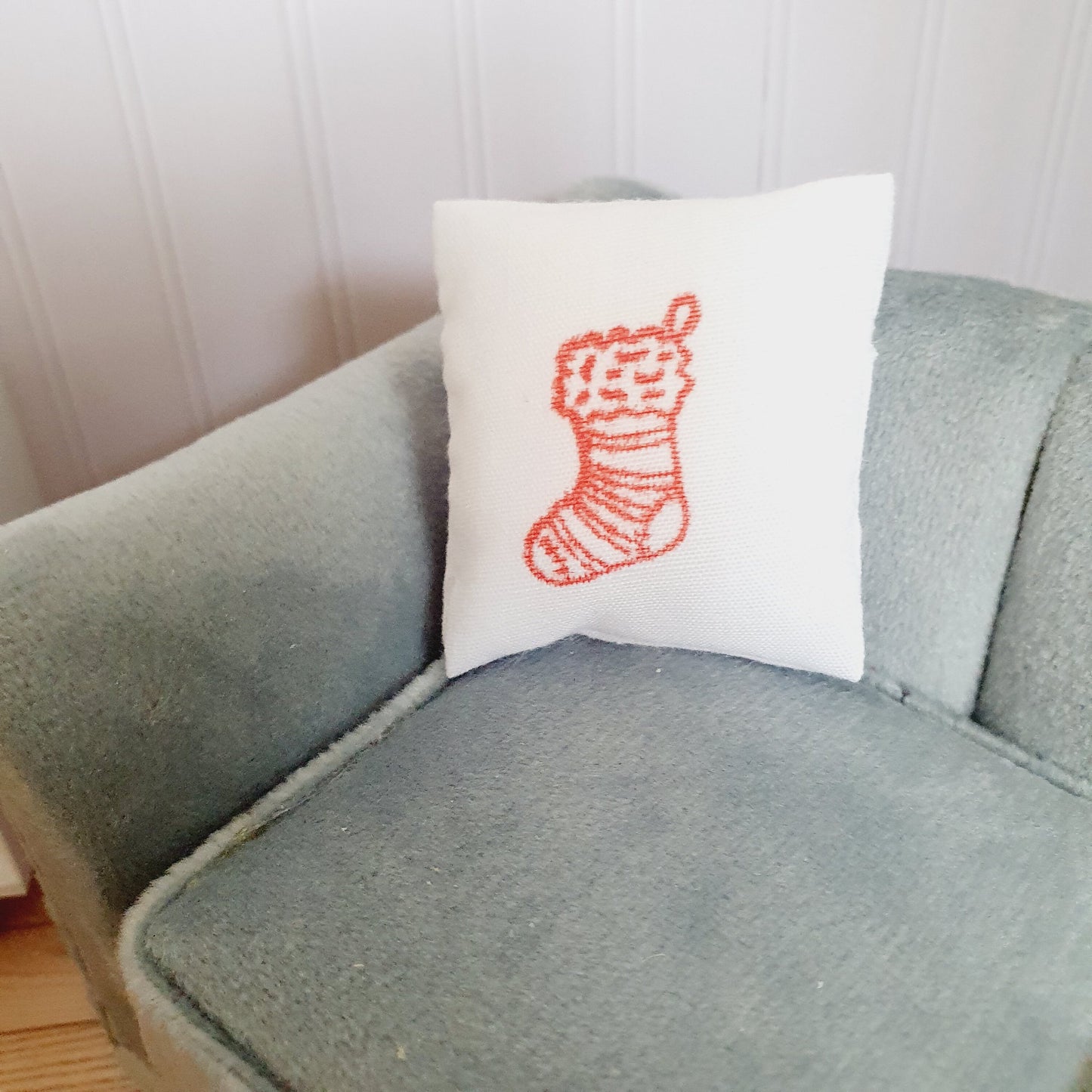 Dolls House Christmas Red Stocking Cushion, 12th scale cushion, miniature cushion