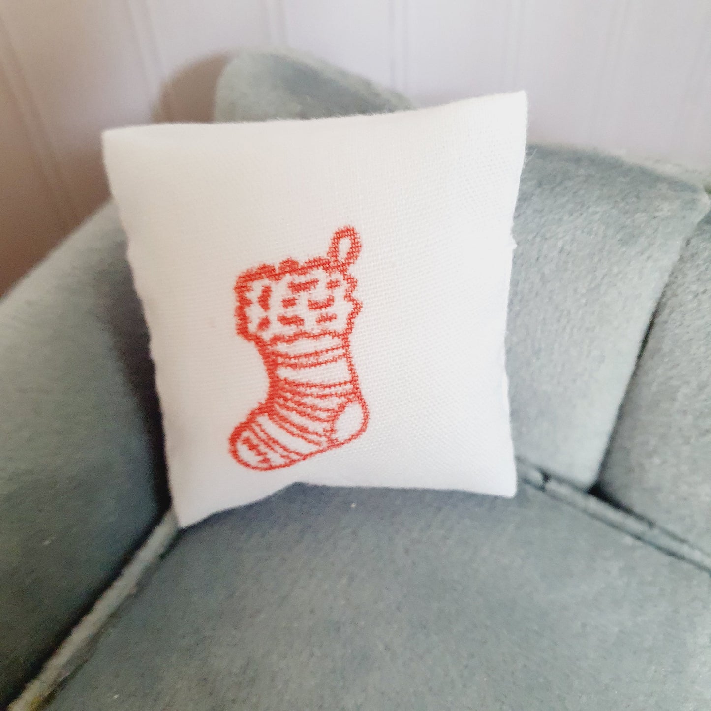 Dolls House Christmas Red Stocking Cushion, 12th scale cushion, miniature cushion