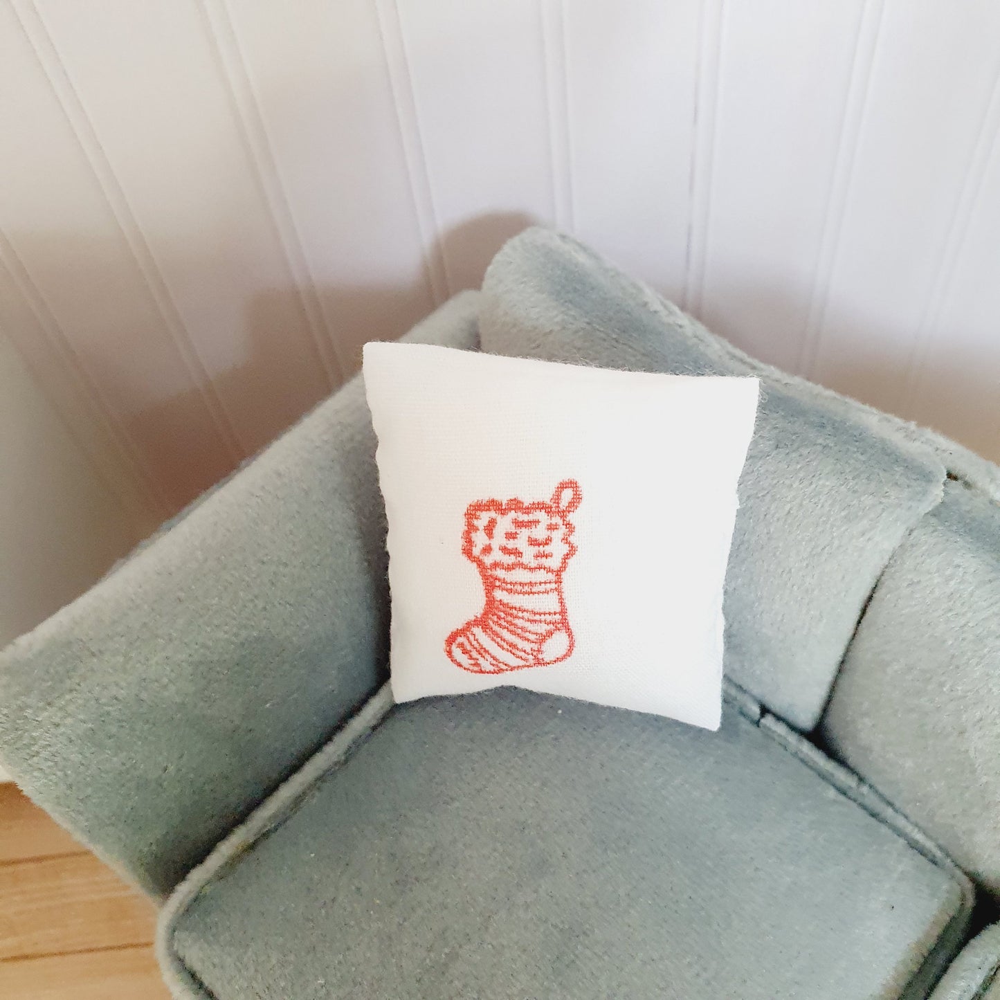 Dolls House Christmas Red Stocking Cushion, 12th scale cushion, miniature cushion