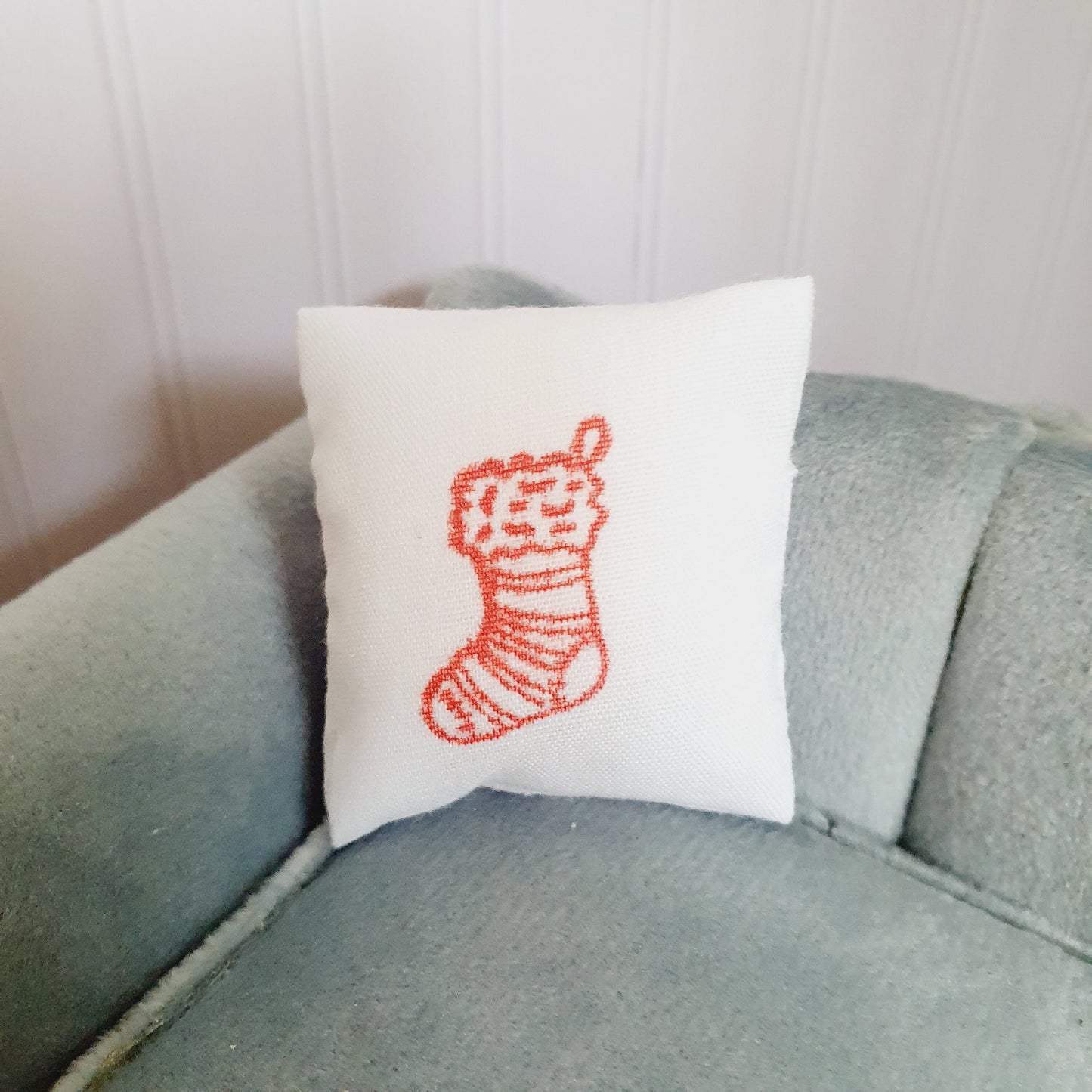 Dolls House Christmas Red Stocking Cushion, 12th scale cushion, miniature cushion