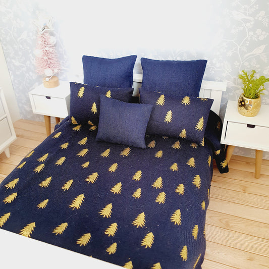 Dolls house Christmas 6 piece bedding set, Double bedding, Navy with gold trees, 12th scale bedding, miniature bed set