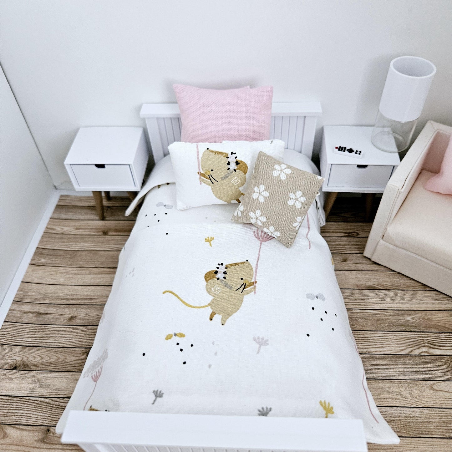Dolls house Single bedding, pretty mouse design, 12th scale bedding, miniature bed set