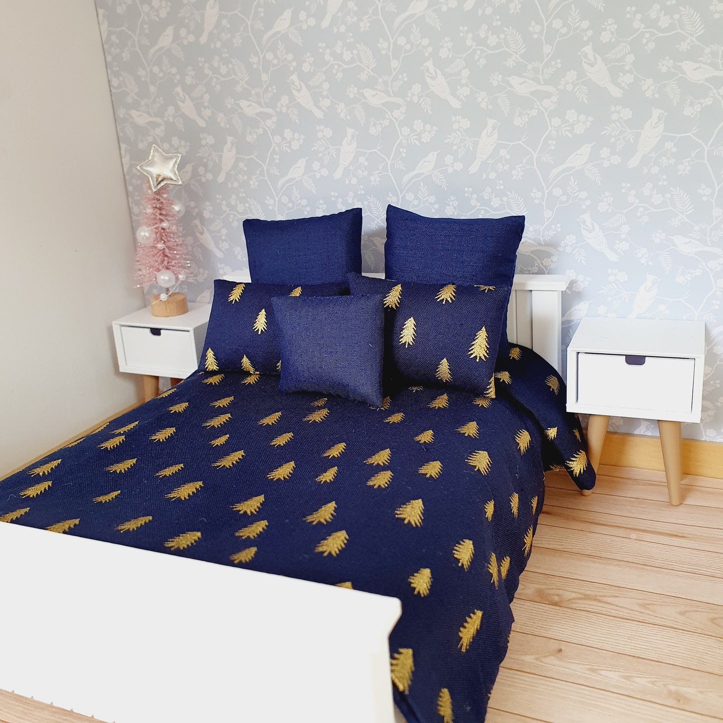 Dolls house Christmas 6 piece bedding set, Double bedding, Navy with gold trees, 12th scale bedding, miniature bed set
