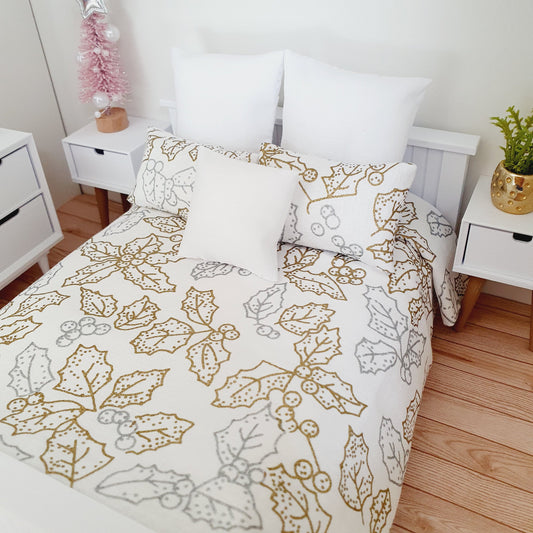 Dolls house Christmas 6 piece bedding set, Double bedding, White with Gold & Silver Holly, 12th scale bedding, miniature bed set