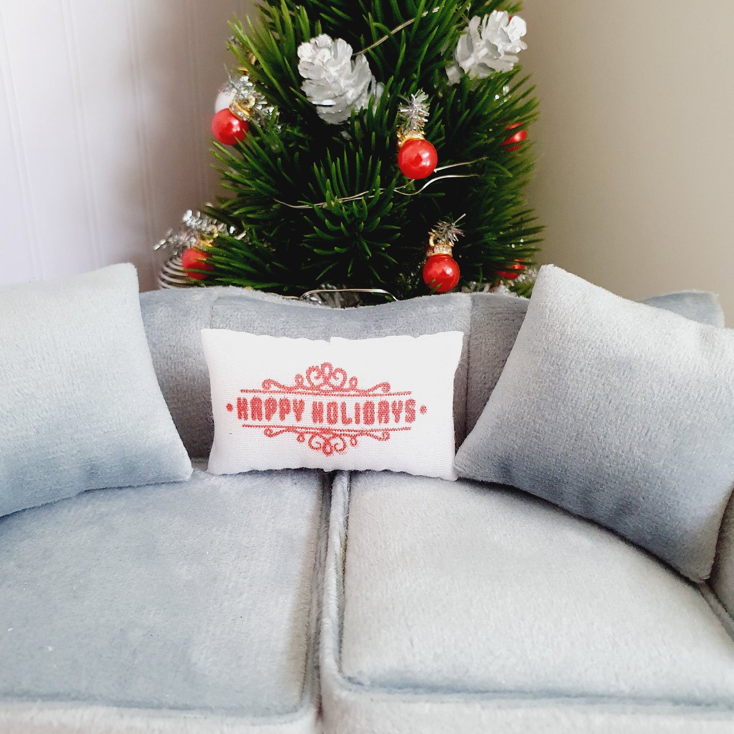 Dolls House Christmas Happy Holidays Cushion, 12th scale cushions, miniature cushion