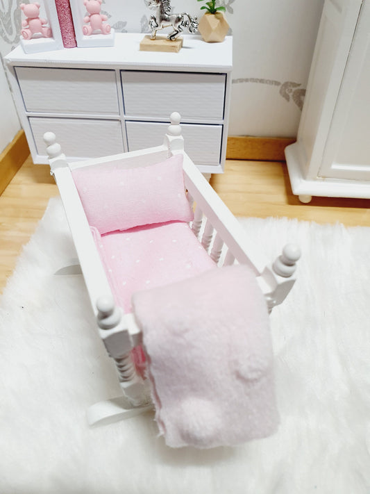 Dolls House Crib Bedding Set – Pink Polka Dot Design, Handmade in England, 1:12 Scale