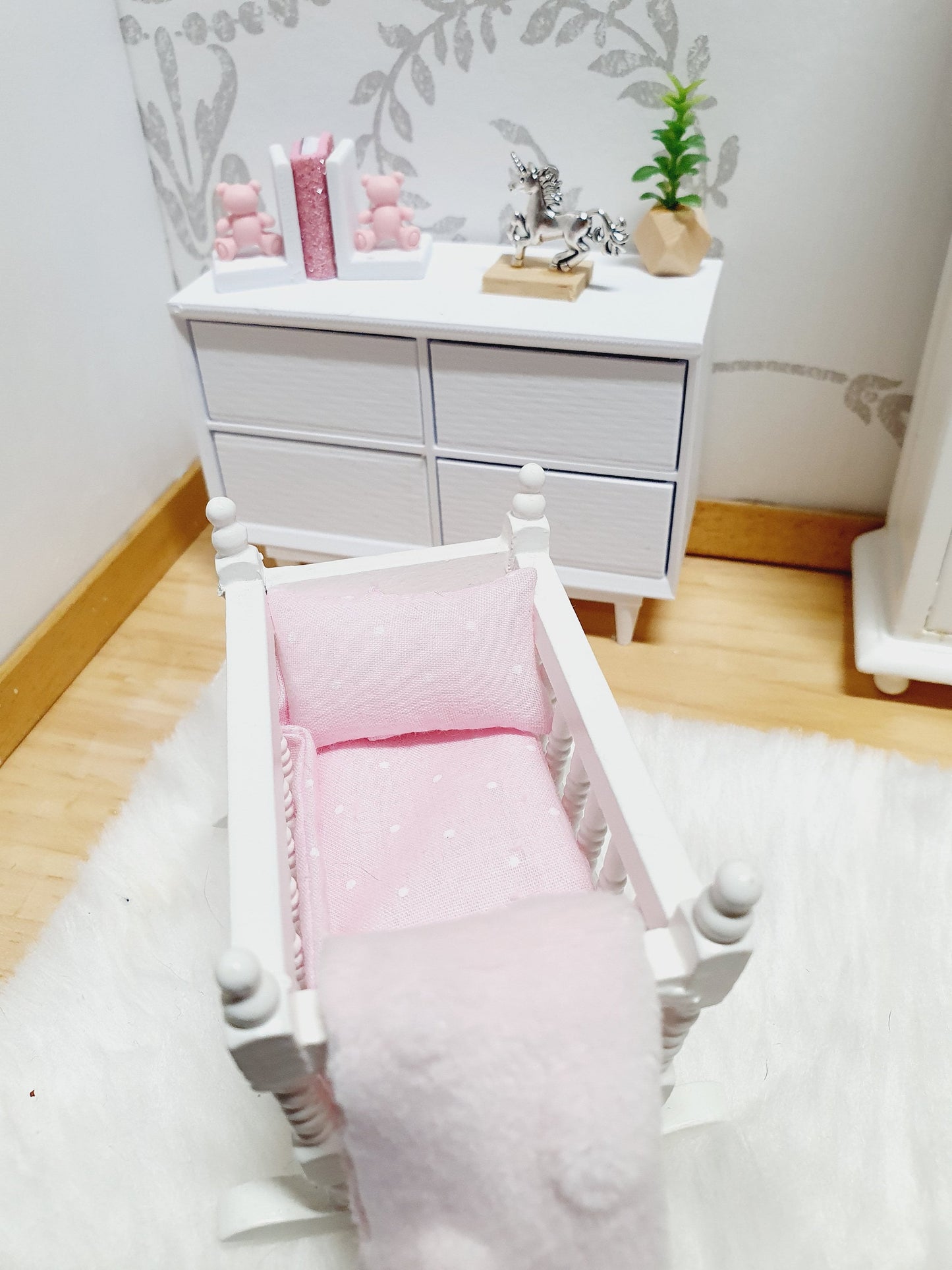 Dolls House Crib Bedding Set – Pink Polka Dot Design, Handmade in England, 1:12 Scale