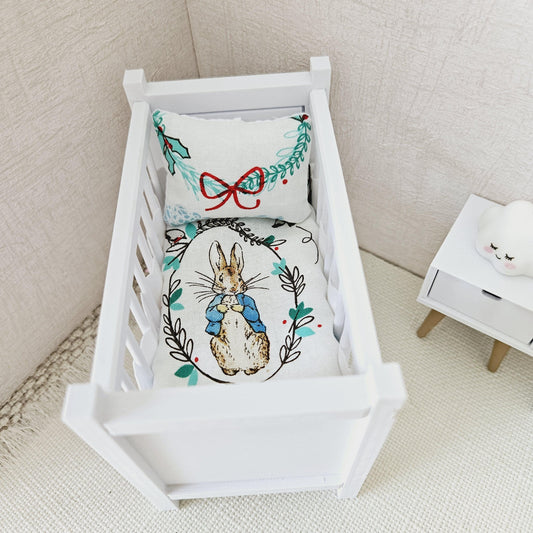 Dolls House Christmas Cot Bedding Set – Peter Rabbit Design, Handmade in England, 1:12 Scale