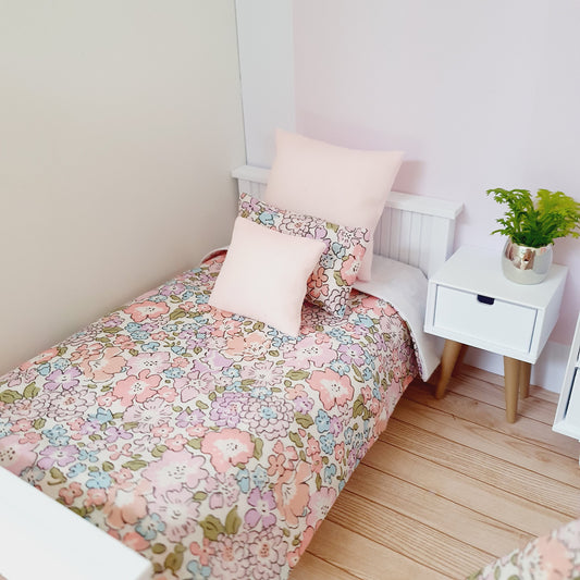 Dolls house Pretty Pink Liberty Single or Junior Bedding, Michelle Pink Fabric, 12th Scale Bedding