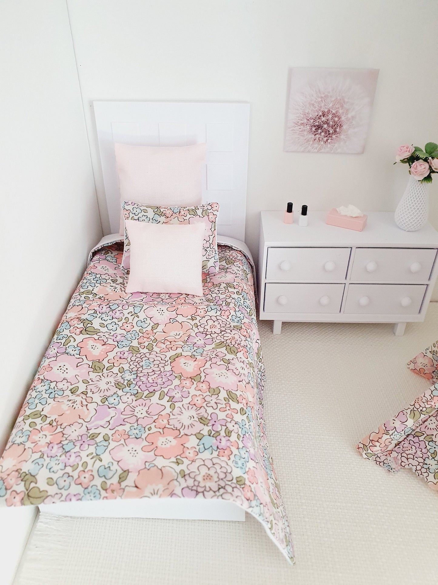 Dolls house Pretty Pink Liberty Single or Junior Bedding, Michelle Pink Fabric, 12th Scale Bedding