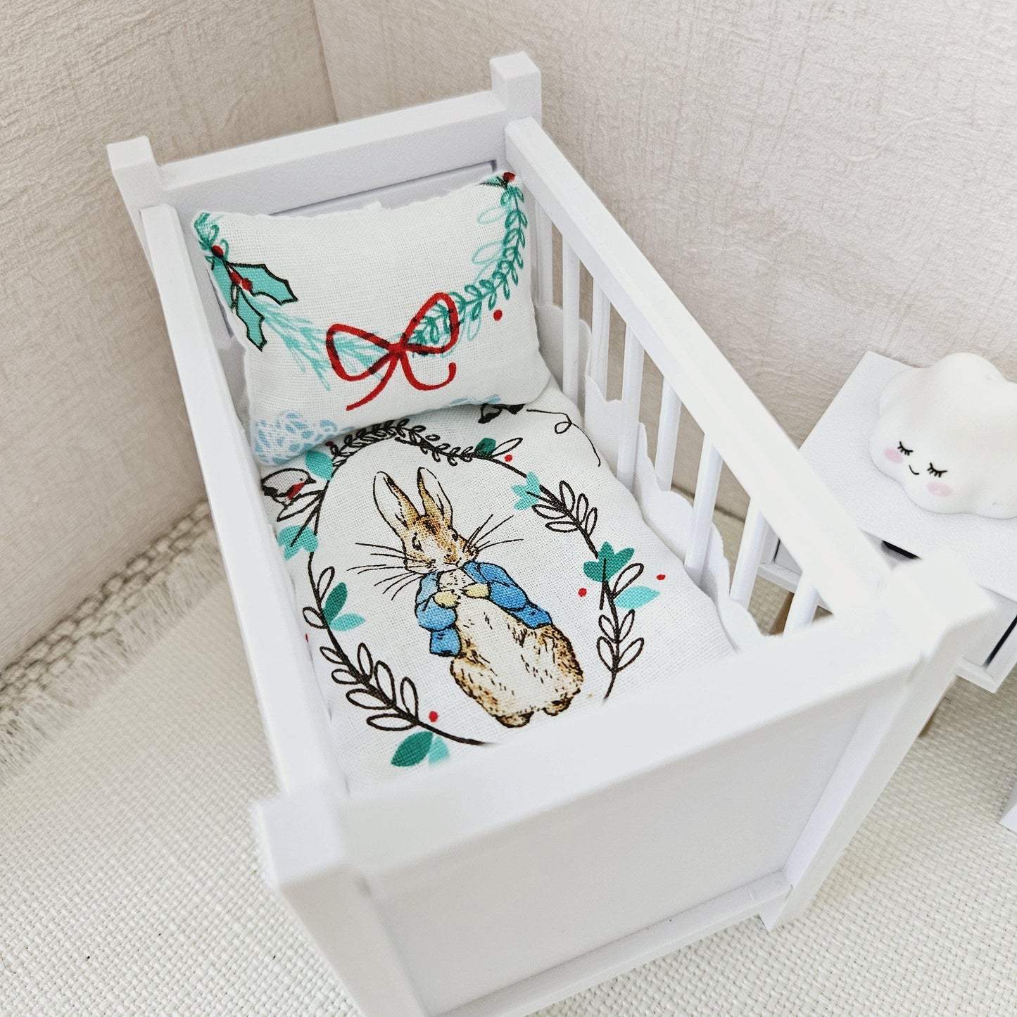 Dolls House Christmas Cot Bedding Set – Peter Rabbit Design, Handmade in England, 1:12 Scale