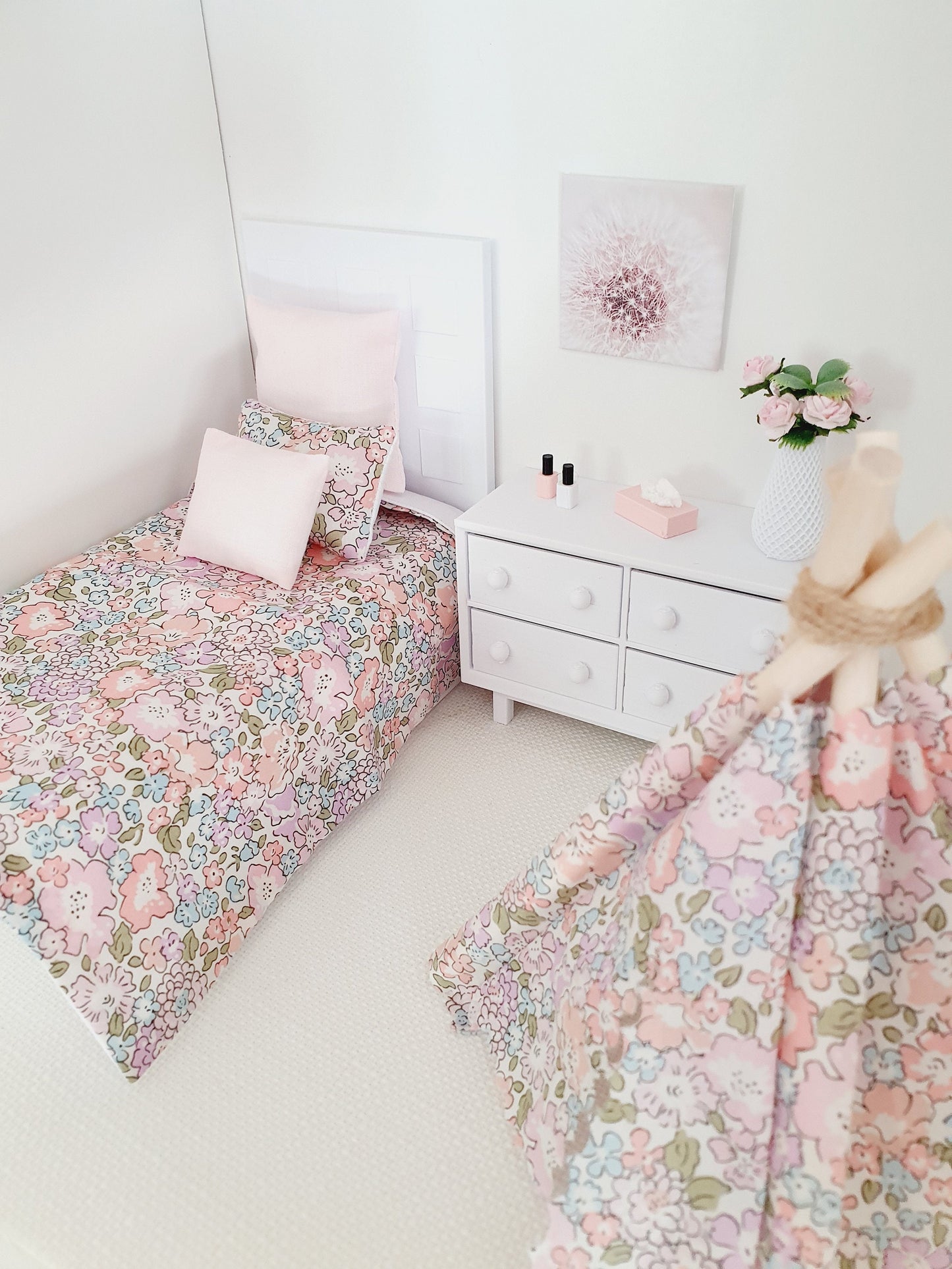 Dolls house Pretty Pink Liberty Single or Junior Bedding, Michelle Pink Fabric, 12th Scale Bedding