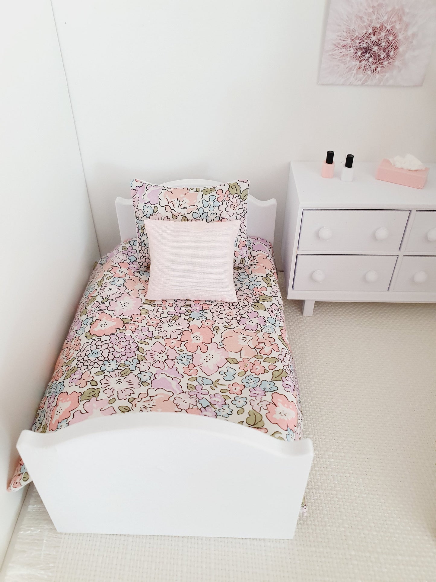 Dolls house Pretty Pink Liberty Single or Junior Bedding, Michelle Pink Fabric, 12th Scale Bedding