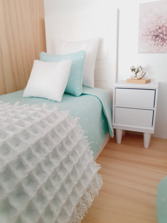 Dolls House Pale Mint with White Polka Dot Single Bedding Set 12th scale bedding, miniature bed set
