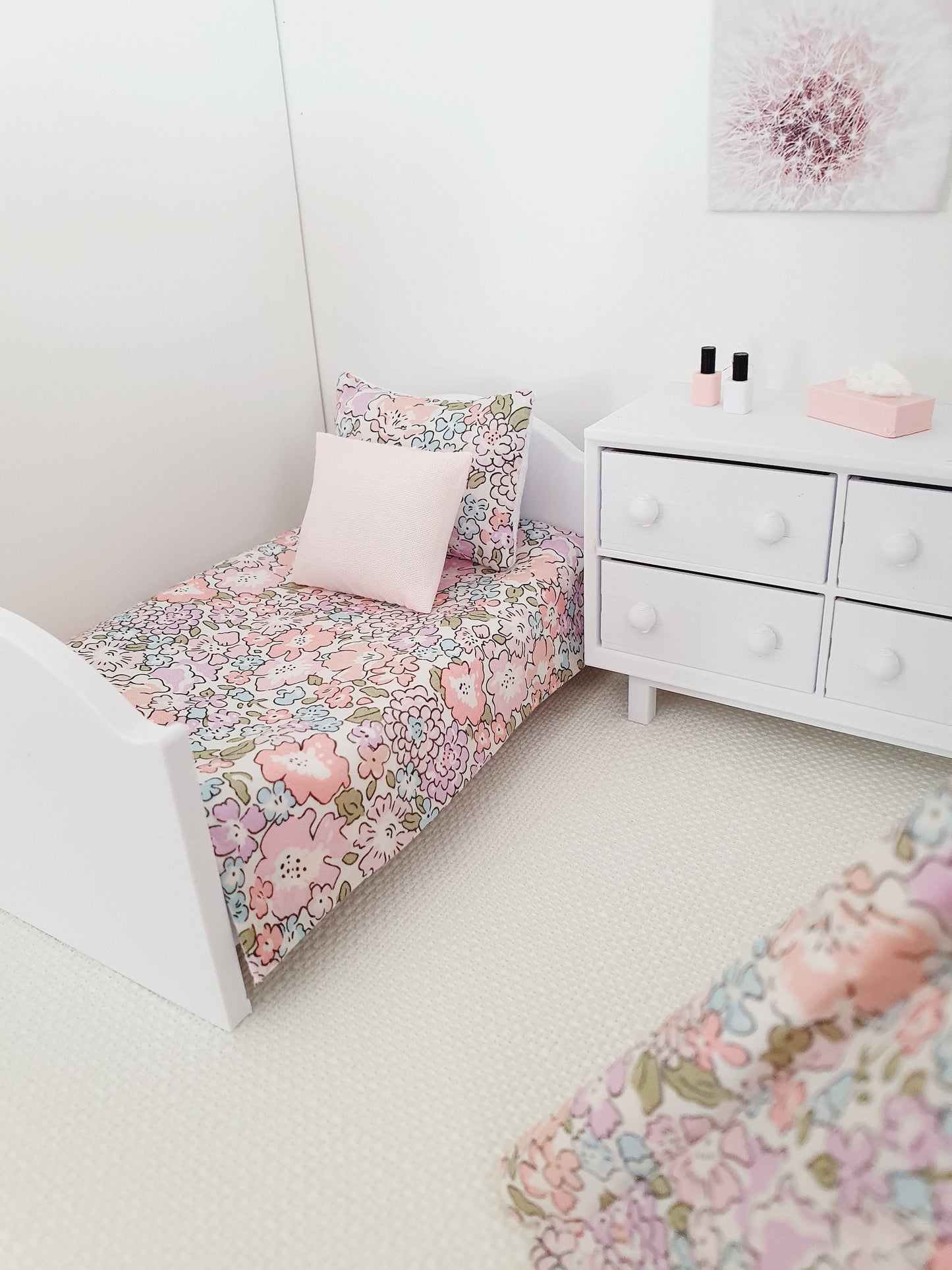 Dolls house Pretty Pink Liberty Single or Junior Bedding, Michelle Pink Fabric, 12th Scale Bedding