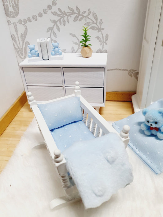 Dolls House Crib Bedding Set – Blue Polka Dot Design, Handmade in England, 1:12 Scale