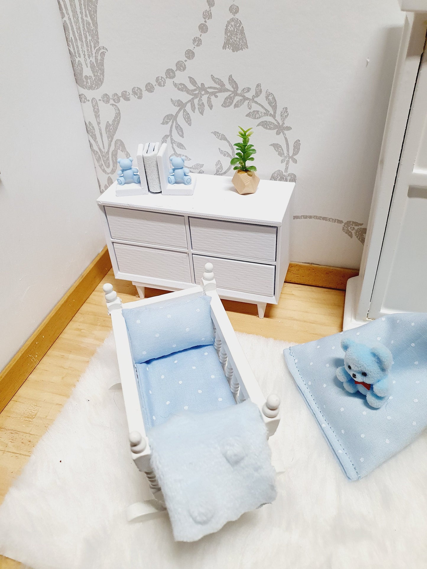 Dolls House Crib Bedding Set – Blue Polka Dot Design, Handmade in England, 1:12 Scale