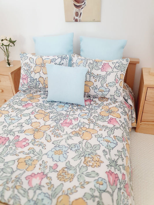 Dolls house 6 piece set, Double bedding, Liberty floral print, 12th scale bedding, miniature bed set