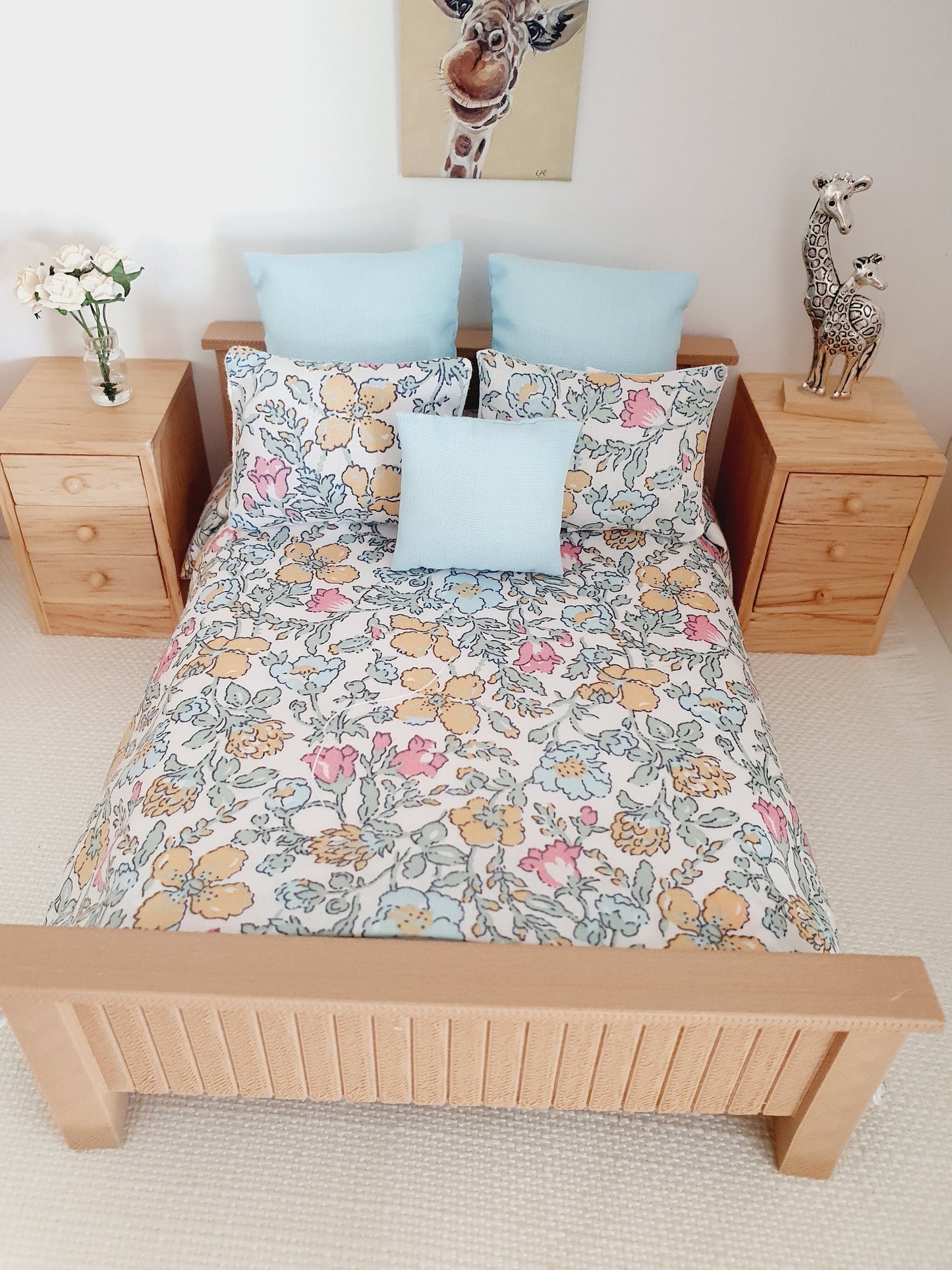 Dolls house 6 piece set, Double bedding, Liberty floral print, 12th scale bedding, miniature bed set