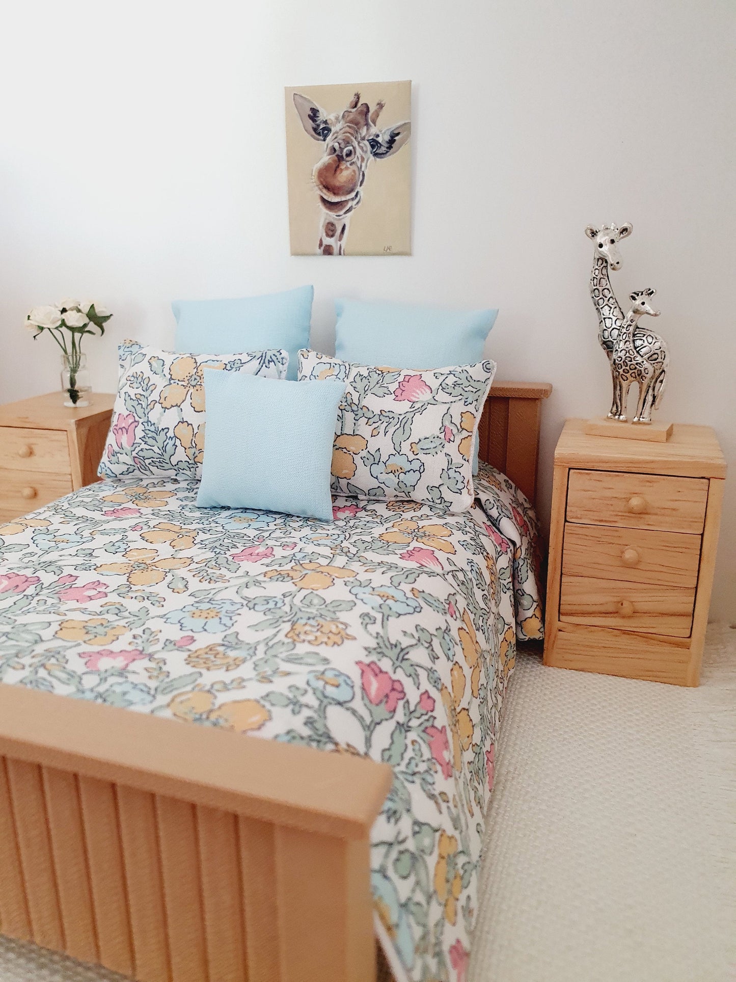 Dolls house 6 piece set, Double bedding, Liberty floral print, 12th scale bedding, miniature bed set