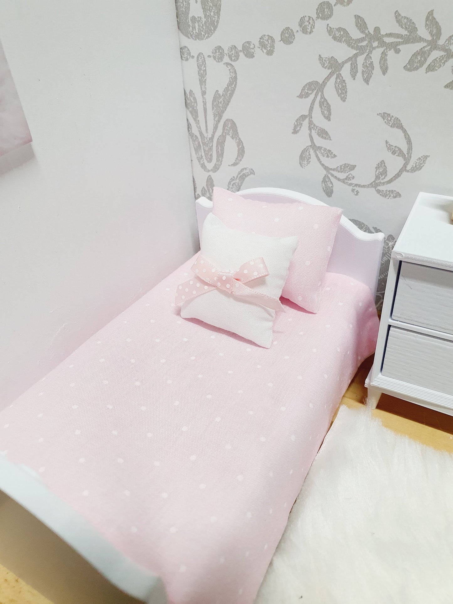 Dolls House Junior Bedding Set – Polka Dots in Lilac, Blue, Pink, White, Handmade in England, 1:12 Scale