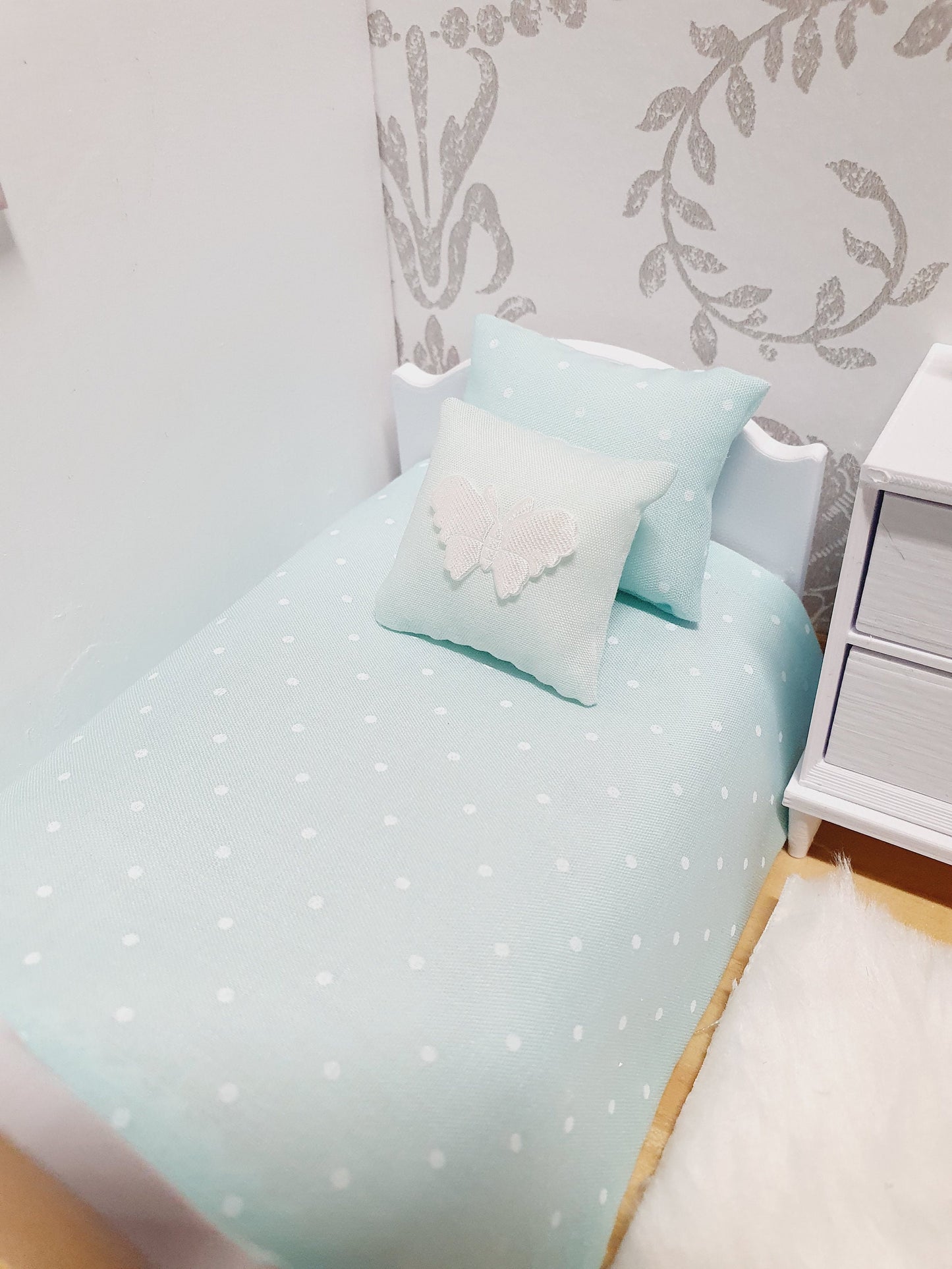 Dolls House Junior Bedding Set – Polka Dots in Lilac, Blue, Pink, White, Handmade in England, 1:12 Scale