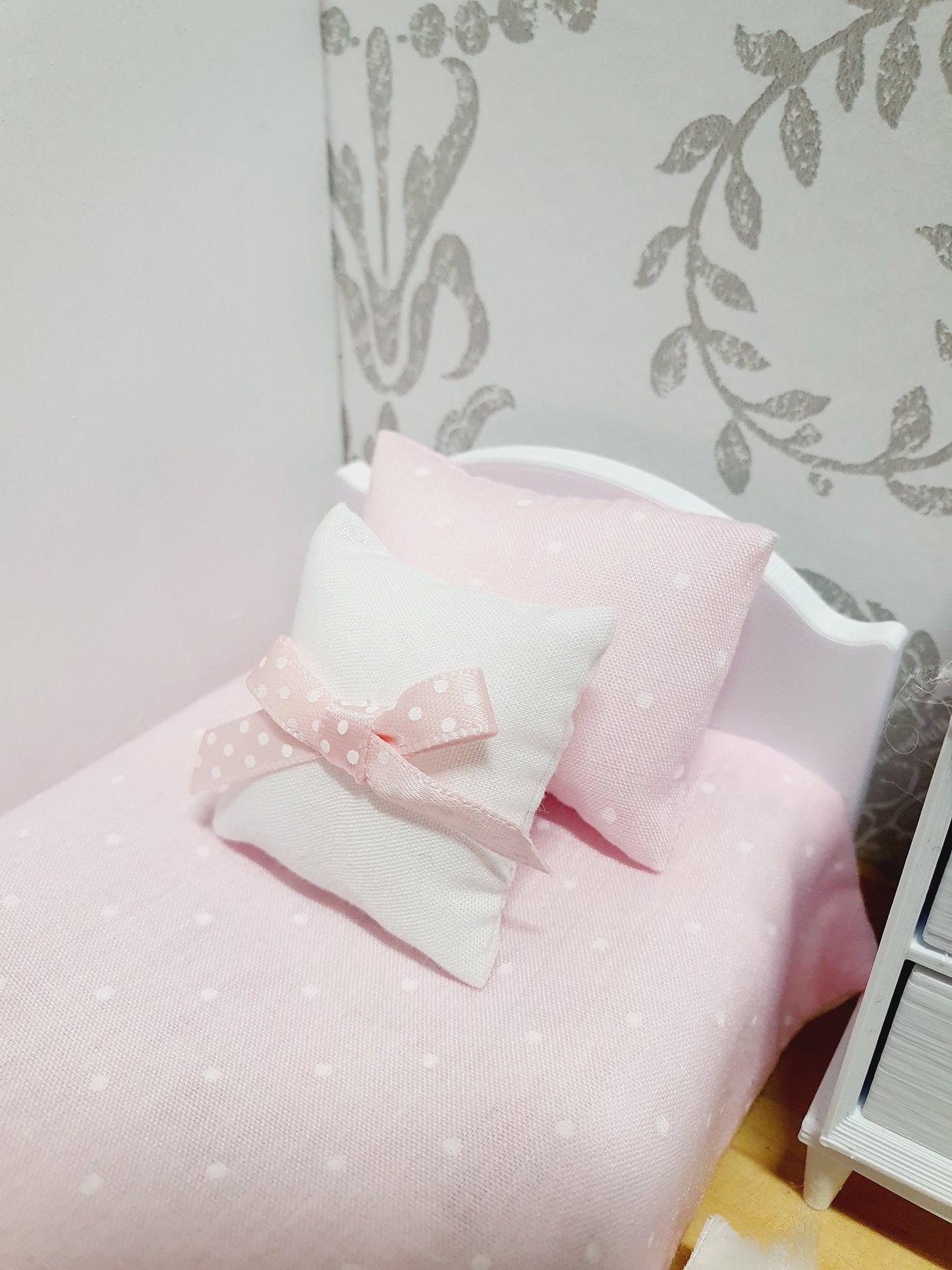 Dolls House Junior Bedding Set – Polka Dots in Lilac, Blue, Pink, White, Handmade in England, 1:12 Scale