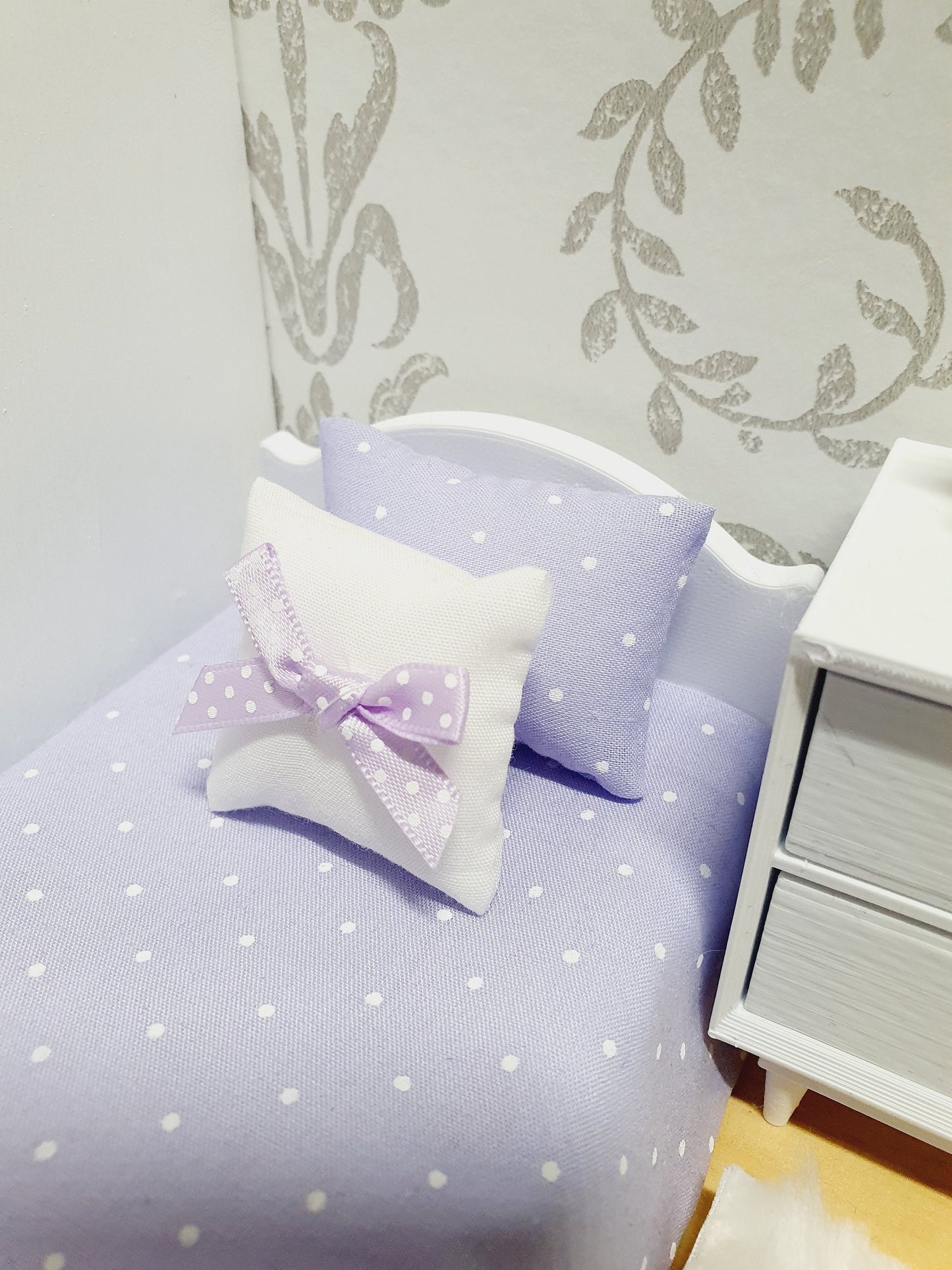 Dolls House Junior Bedding Set – Polka Dots in Lilac, Blue, Pink, White, Handmade in England, 1:12 Scale
