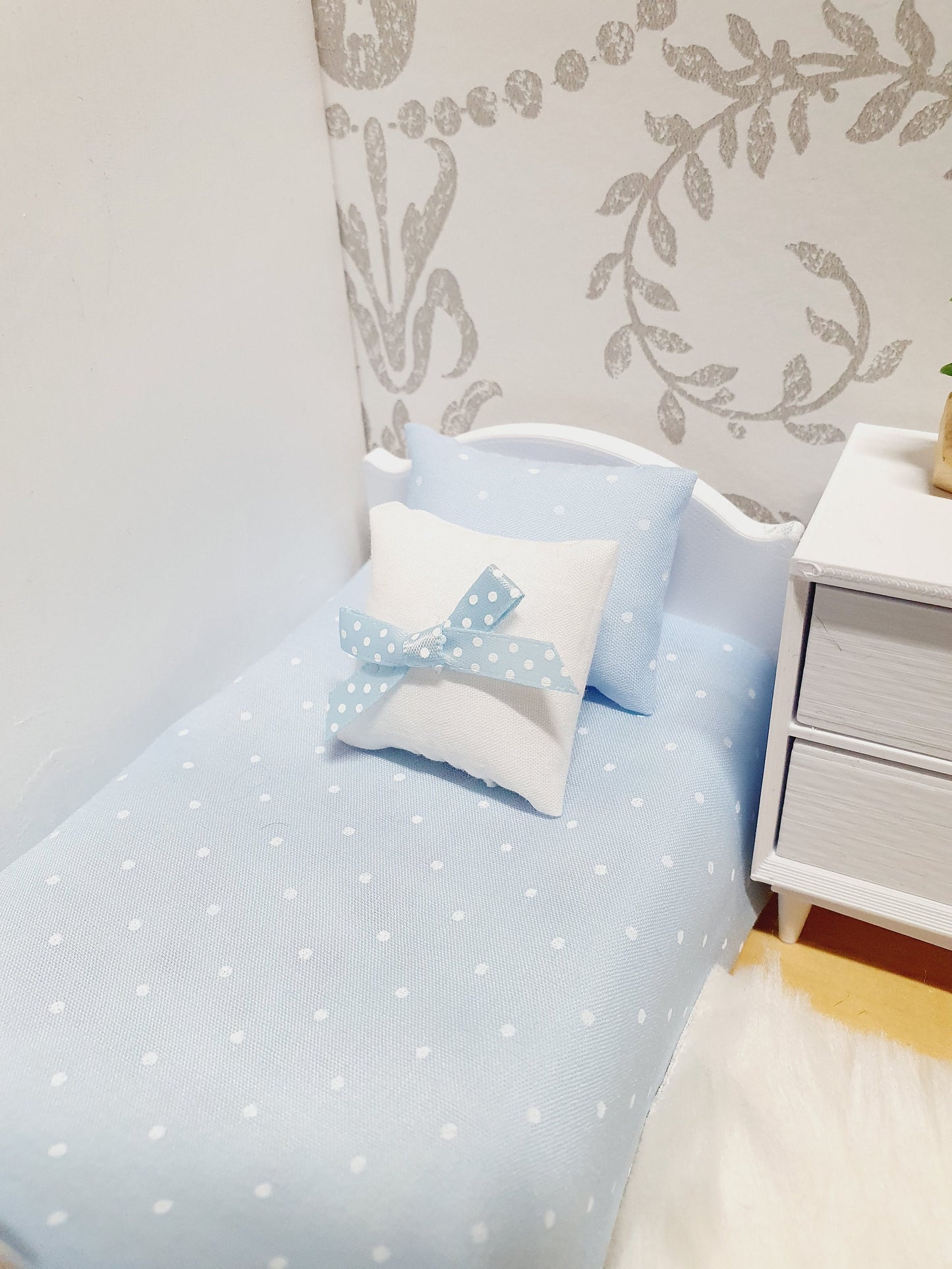 Dolls House Junior Bedding Set – Polka Dots in Lilac, Blue, Pink, White, Handmade in England, 1:12 Scale