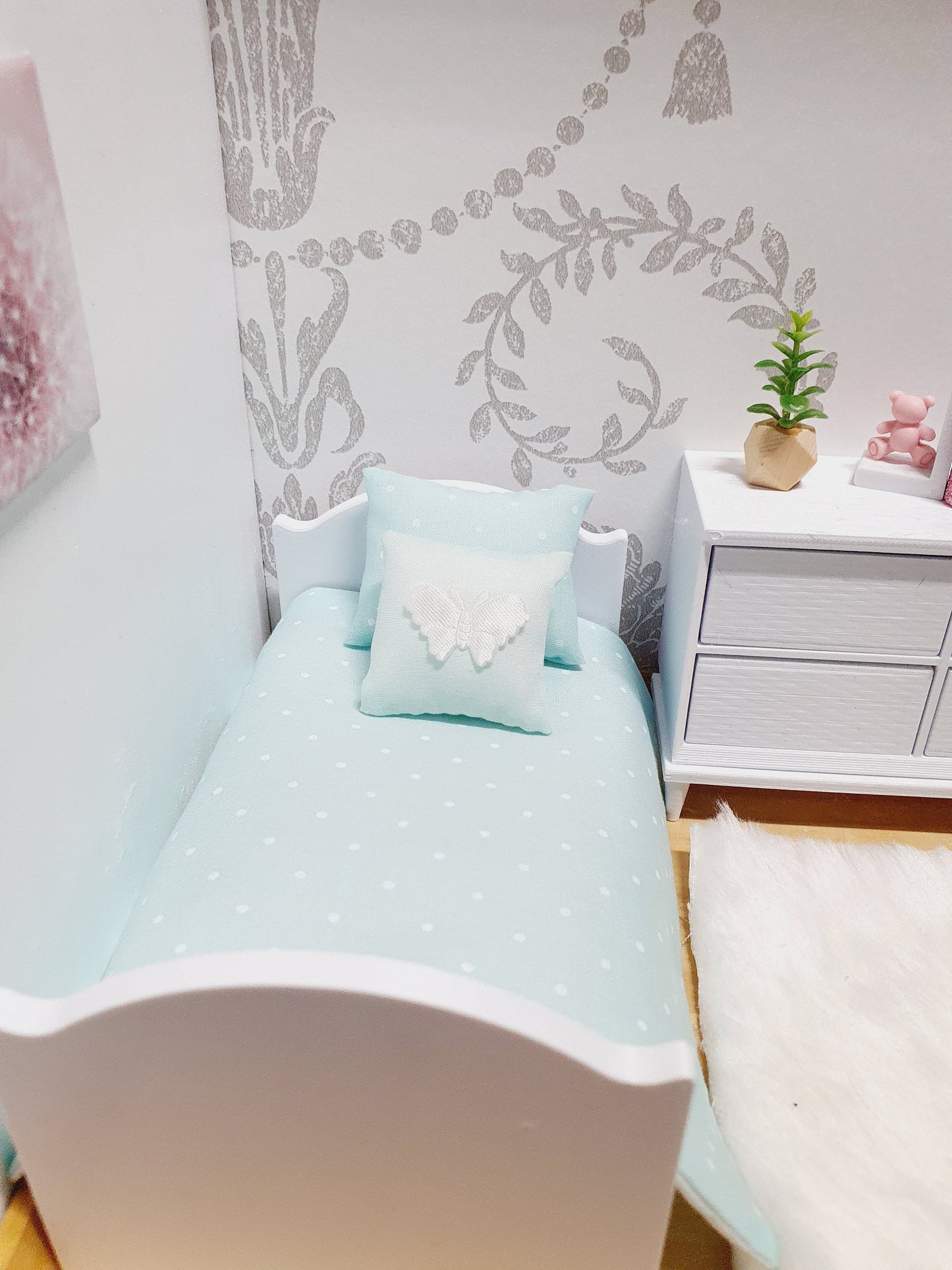 Dolls House Junior Bedding Set – Polka Dots in Lilac, Blue, Pink, White, Handmade in England, 1:12 Scale