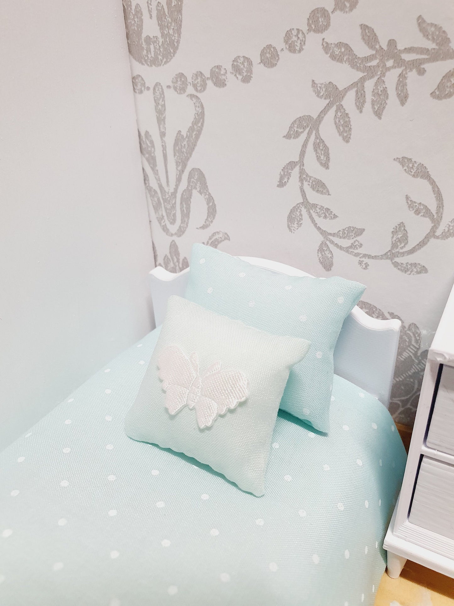 Dolls House Junior Bedding Set – Polka Dots in Lilac, Blue, Pink, White, Handmade in England, 1:12 Scale