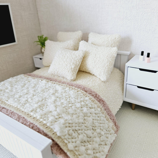 Dolls house 8 piece set, Double bedding, Cosy Cream boucle with pink throw & cream throw, 12th scale bedding, miniature bed set
