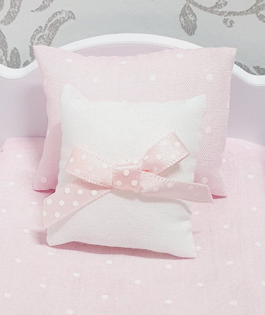Dolls House Junior Bedding Set – Polka Dots in Lilac, Blue, Pink, White, Handmade in England, 1:12 Scale