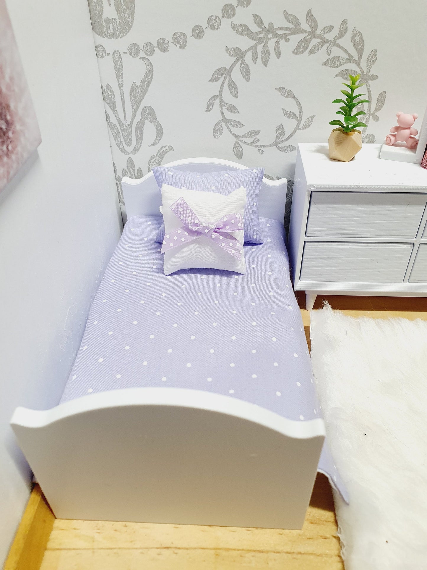 Dolls House Junior Bedding Set – Polka Dots in Lilac, Blue, Pink, White, Handmade in England, 1:12 Scale