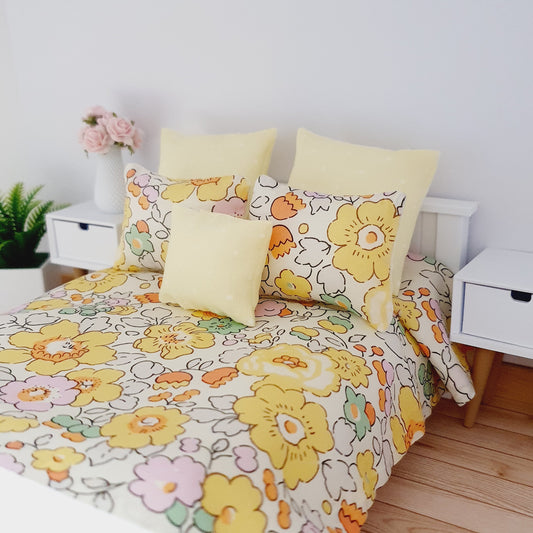 Dolls house 6 piece set, Spring Double bedding, Liberty Betsy Yellow floral print, 12th scale bedding, miniature bed set