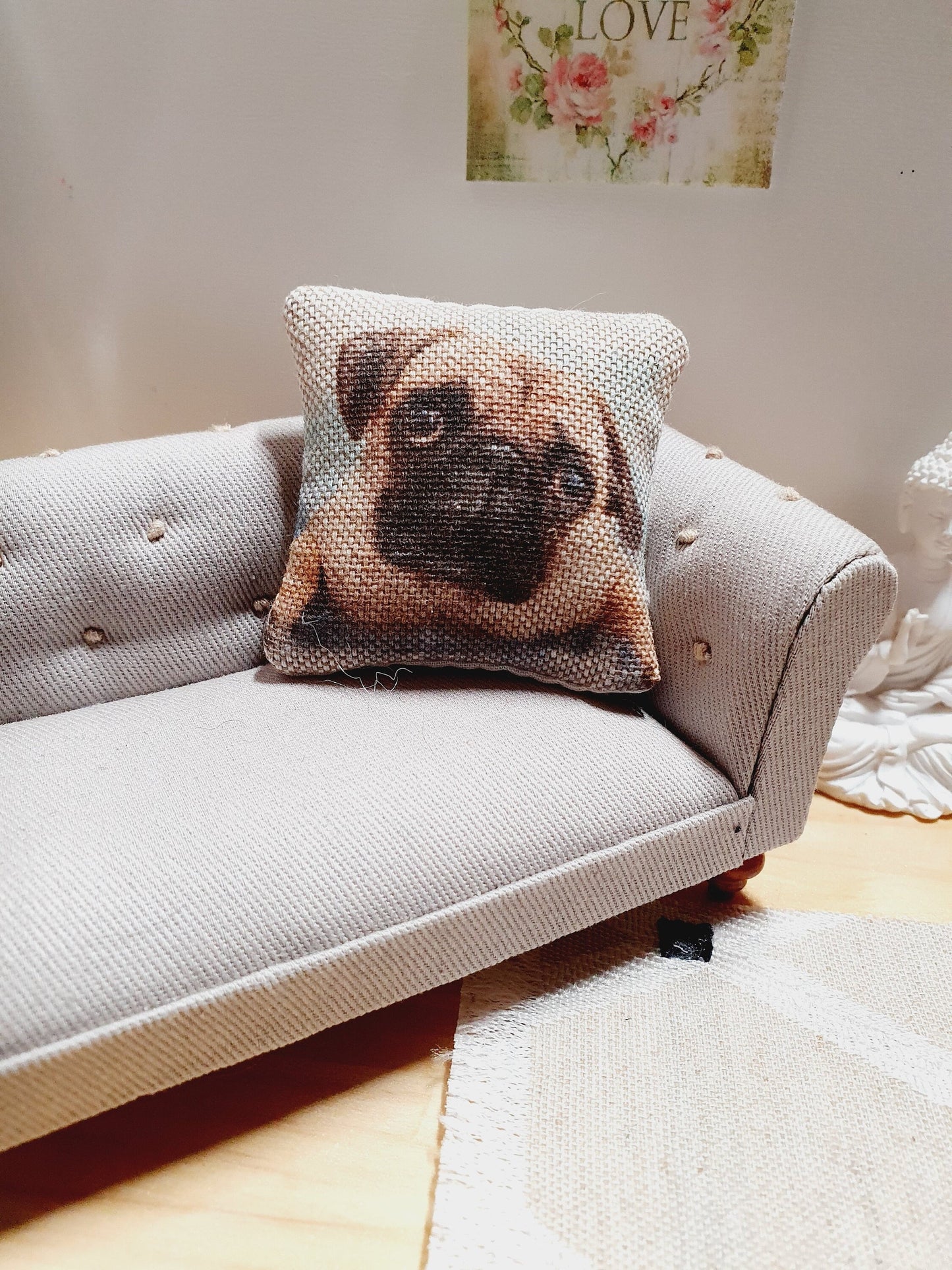 Dolls house 1x Dog cushion, Pug Dog, 12th scale cushions, miniature cushion