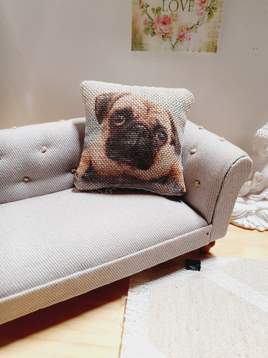 Dolls house 1x Dog cushion, Pug Dog, 12th scale cushions, miniature cushion
