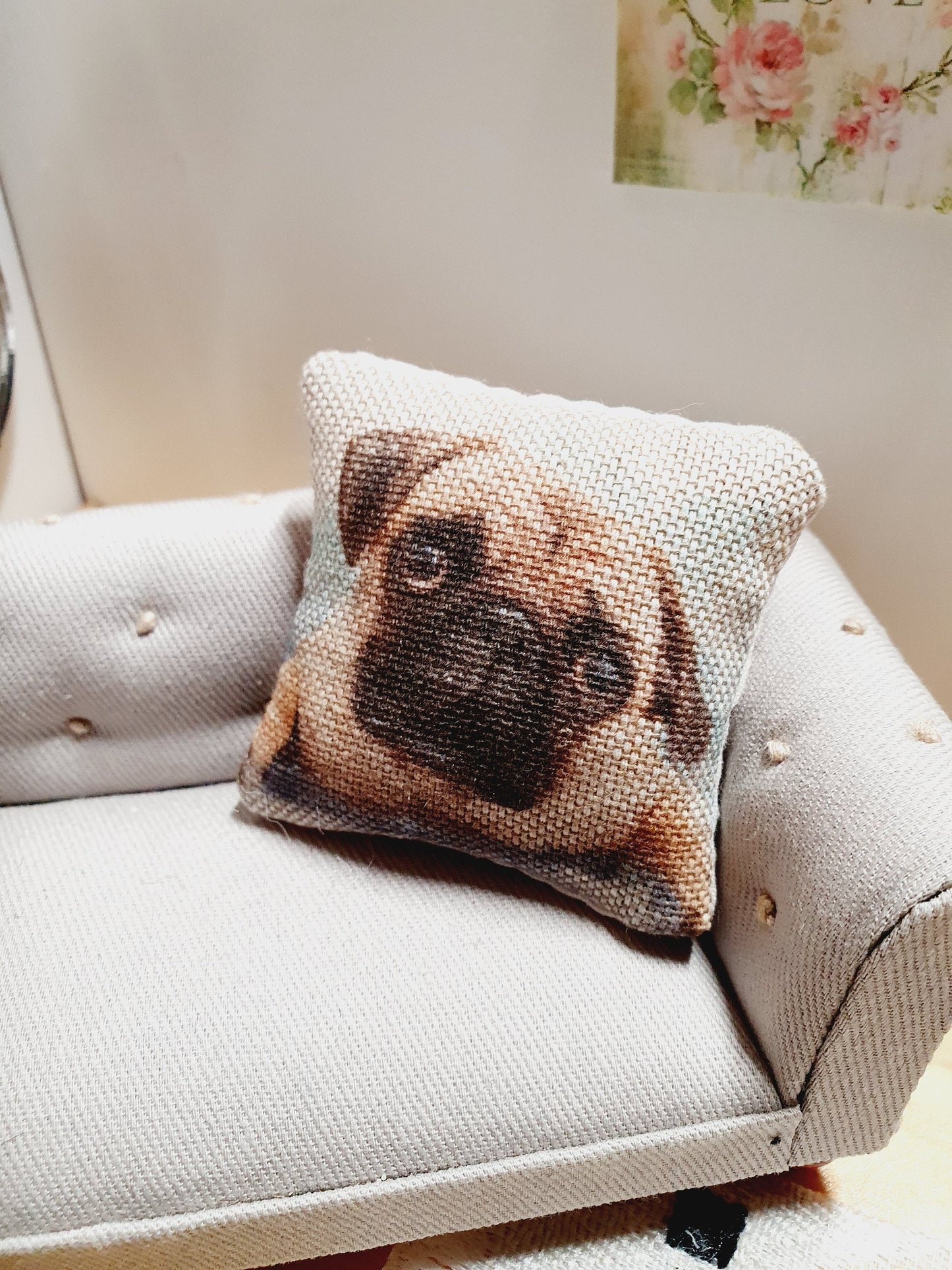 Dolls house 1x Dog cushion, Pug Dog, 12th scale cushions, miniature cushion