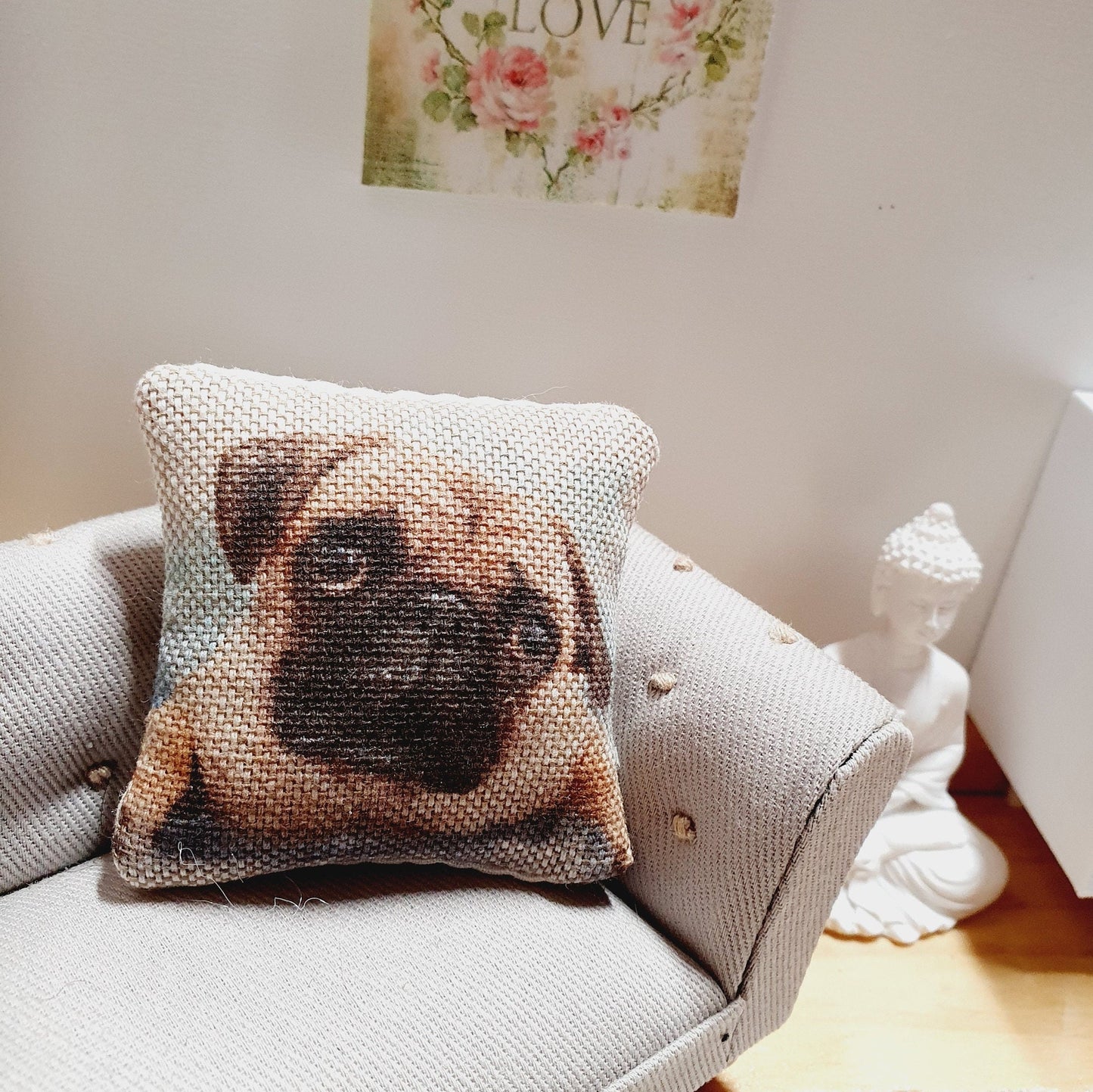 Dolls house 1x Dog cushion, Pug Dog, 12th scale cushions, miniature cushion
