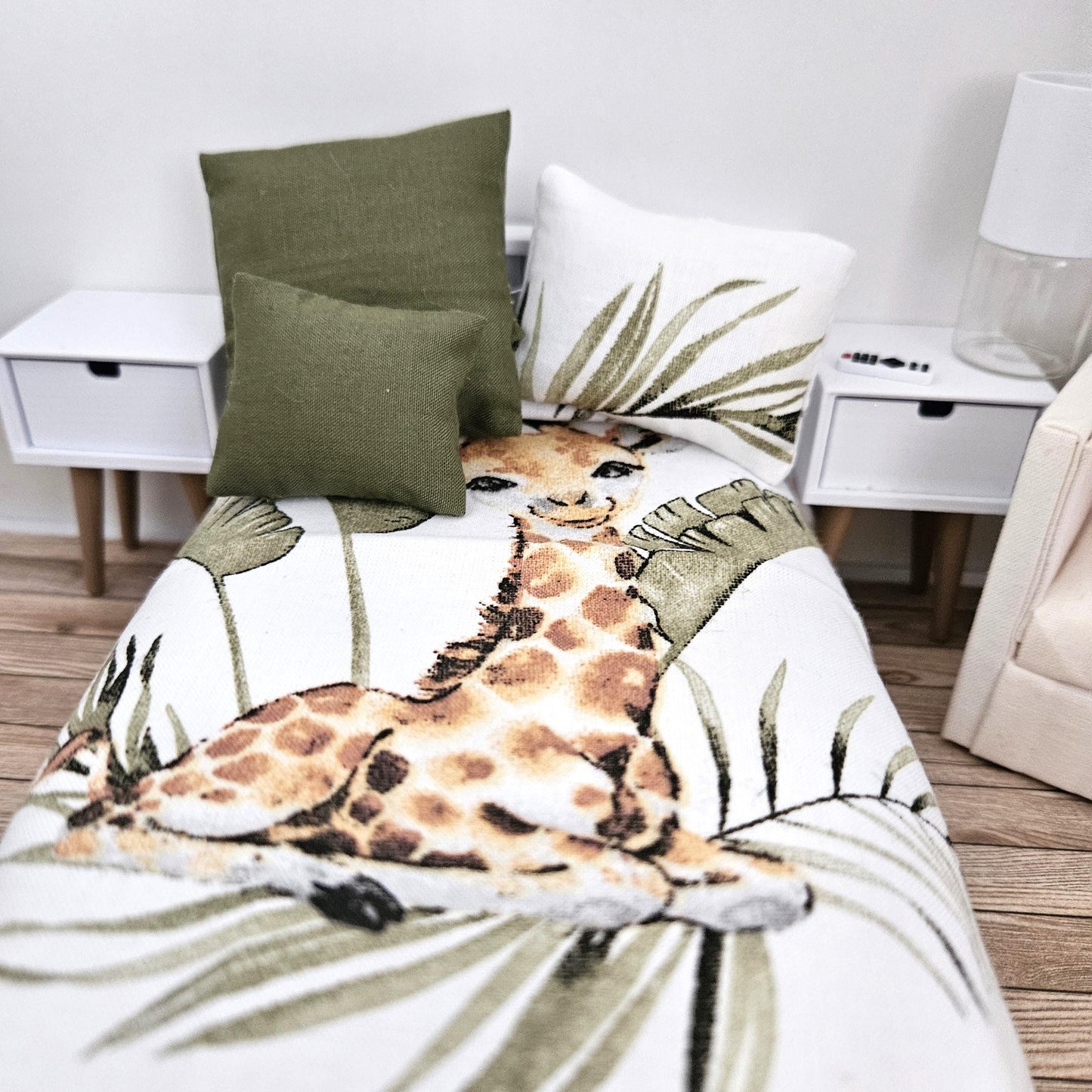 Dolls house Single bedding, Cute Giraffe design, 12th scale bedding, miniature bed set