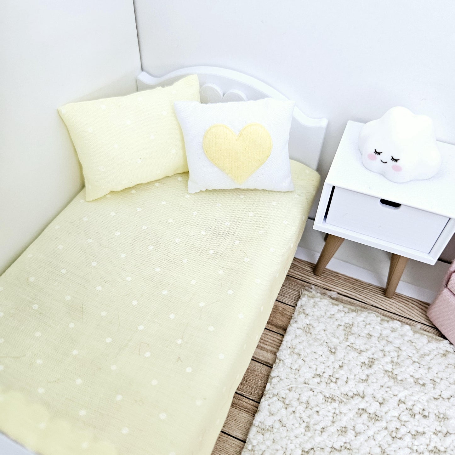 Dolls house Junior bedding, Yellow polka dot design, 12th scale bedding, miniature bed set