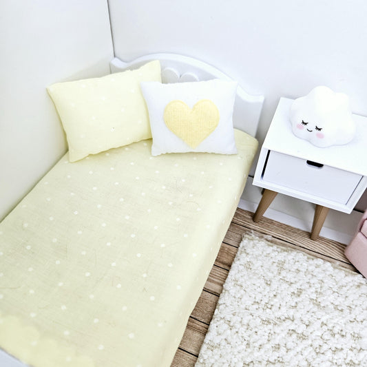 Dolls house Junior bedding, Yellow polka dot design, 12th scale bedding, miniature bed set