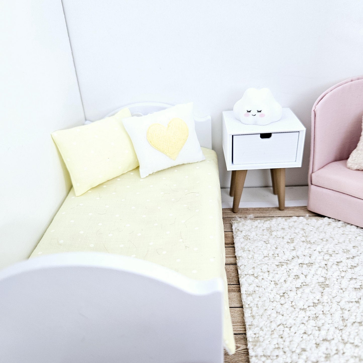 Dolls house Junior bedding, Yellow polka dot design, 12th scale bedding, miniature bed set