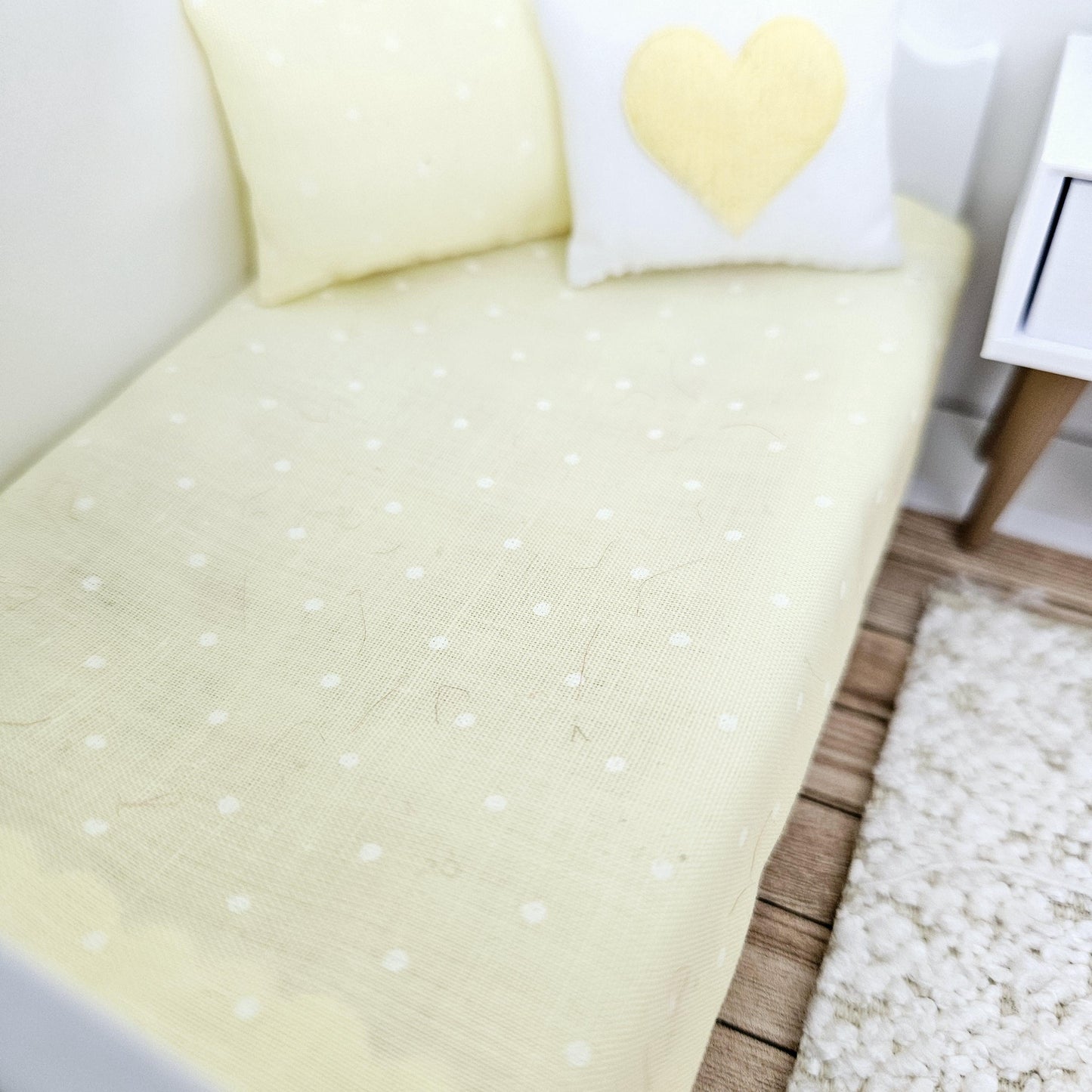 Dolls house Junior bedding, Yellow polka dot design, 12th scale bedding, miniature bed set