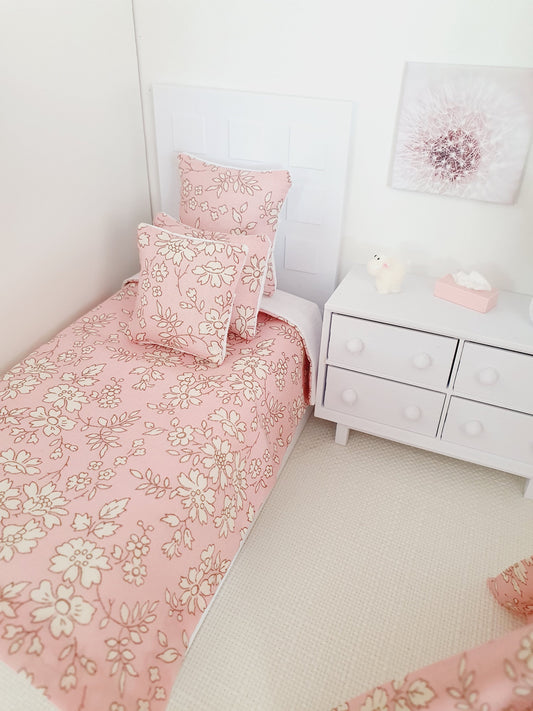 Dolls House Junior Bedding Set – Liberty Capel Pink, Handmade in England, 1:12 Scale