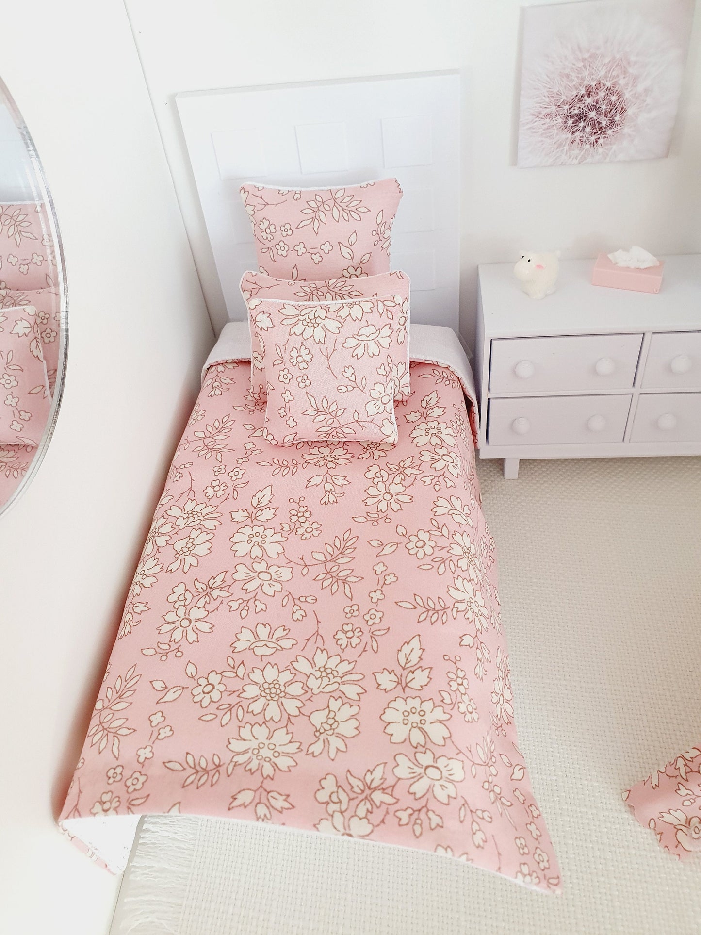 Dolls House Junior Bedding Set – Liberty Capel Pink, Handmade in England, 1:12 Scale